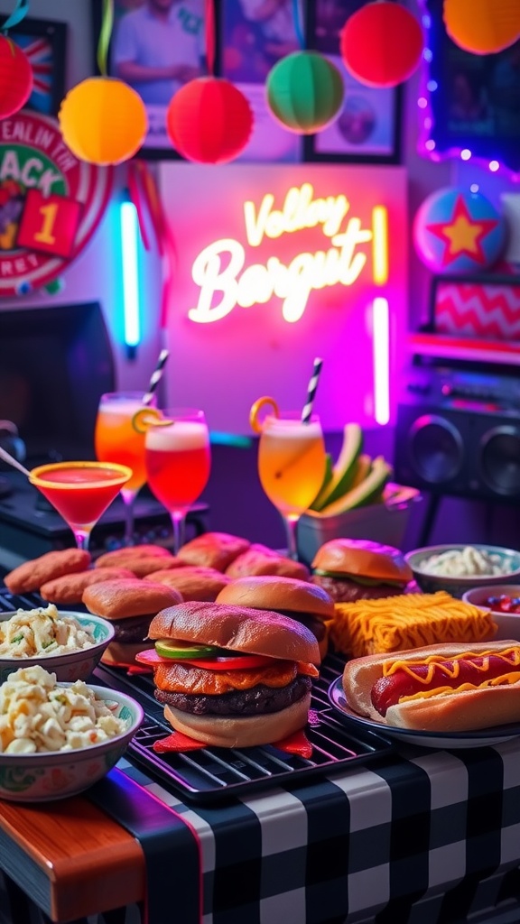 An outdoor 80s barbecue with hamburgers, hot dogs, colorful sides, and retro decorations.